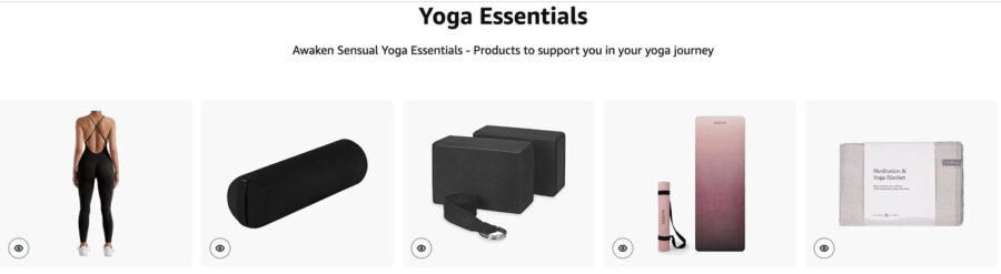 Yoga Essentials for Sensual Yoga featuring a yoga mat, yoga strap, bolster pillow and a cute fullbody jumpsuit